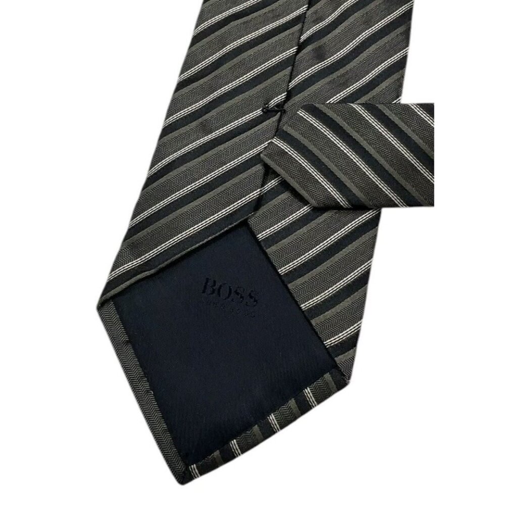 HUGO BOSS Men's 100% Silk Necktie LUXURY Tie Gray Brown Striped W:3.5" EUC - Picture 4 of 4